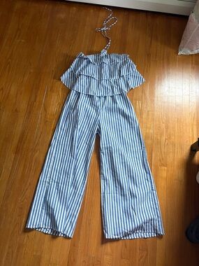 Blue Striped Tie Neck Jumpsuit